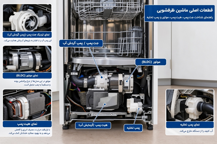 قطعات اصلی ماشین ظرفشویی چیست؟ راهنمای شناخت جت‌پمپ، هیت‌پمپ، موتور و پمپ تخلیه